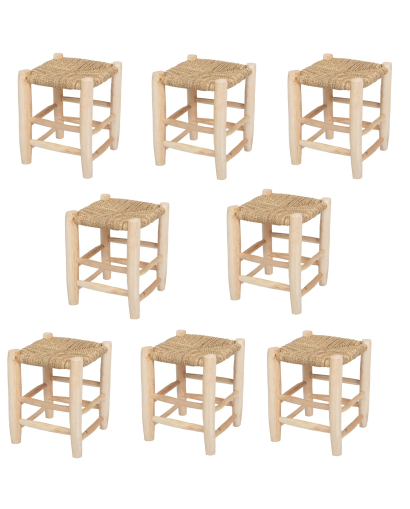 Lot de 8 Tabourets en bois et doum tressé - Naturel