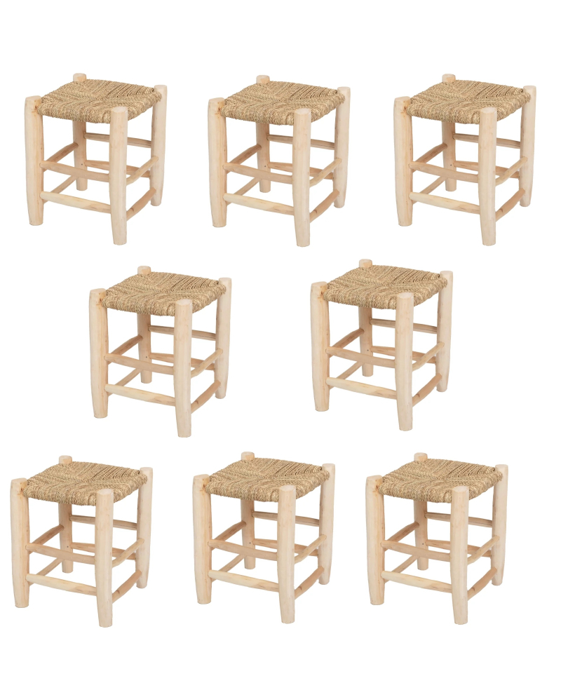 Tabouret & Banc Lot de 8 Tabourets en bois et doum tressé - Naturel