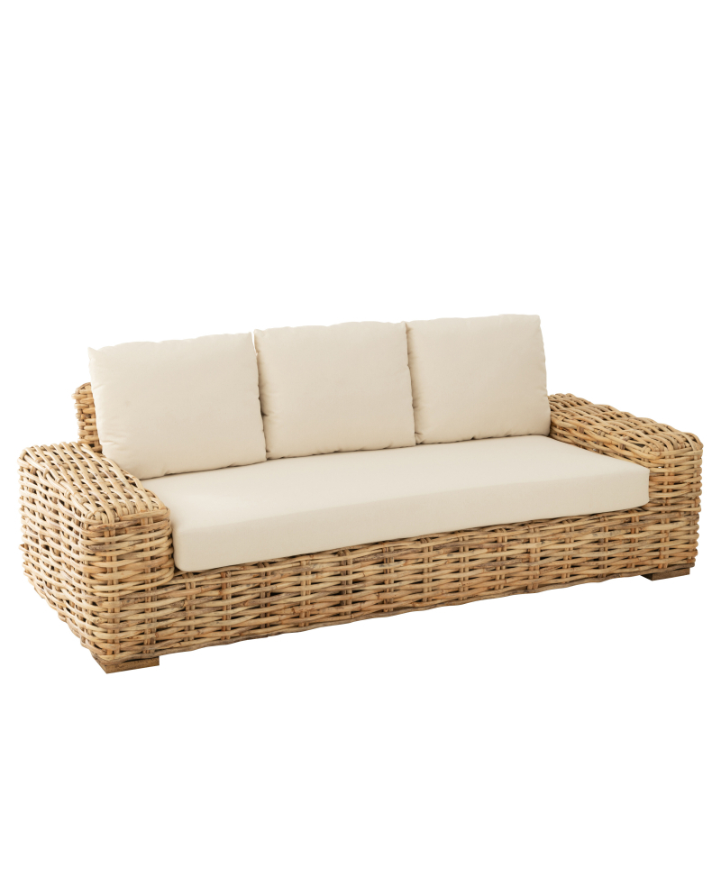 Sofa en Rotin avec Coussin 3 personnes - Naturel et Blanc