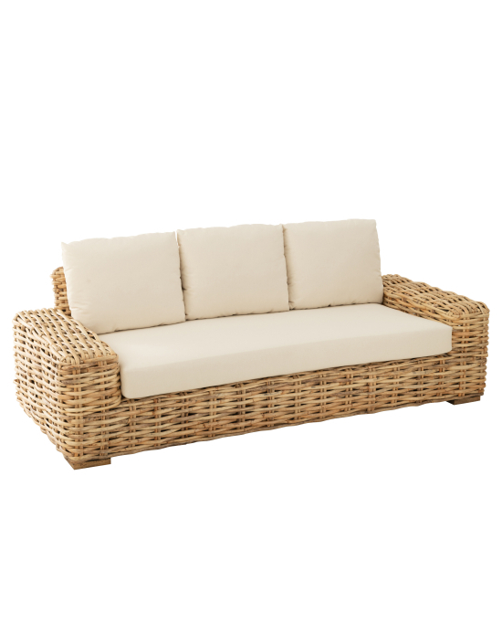 Sofa en Rotin avec Coussin 3 personnes - Naturel et Blanc