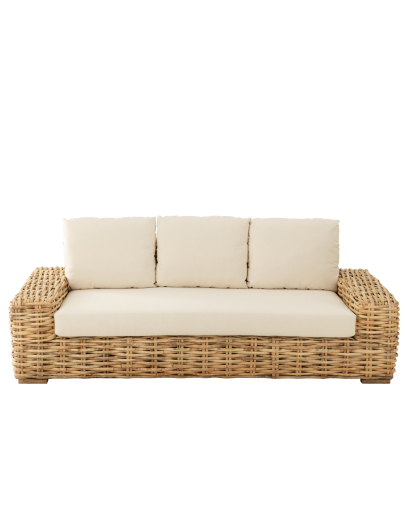 Sofa en Rotin avec Coussin 3 personnes - Naturel et Blanc