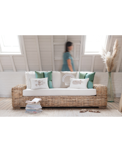 Sofa en Rotin avec Coussin 3 personnes - Naturel et Blanc