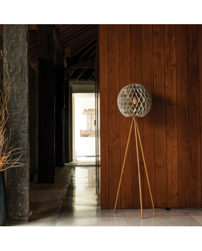 Lampadaire Bulat en lin taupe plissé pied en teck - Naturel