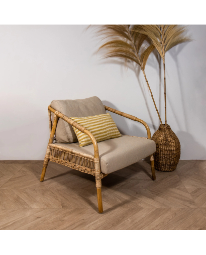 Fauteuil Manao en rotin dos tressé main assise en tissu beige - Naturel