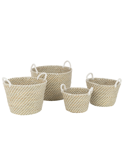 Set 4 Paniers Rond Anses Paille - Naturel et Blanc