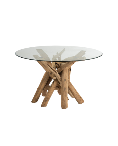 Table Ronde Branche Bois d'Eucalyptus et Verre - Naturel