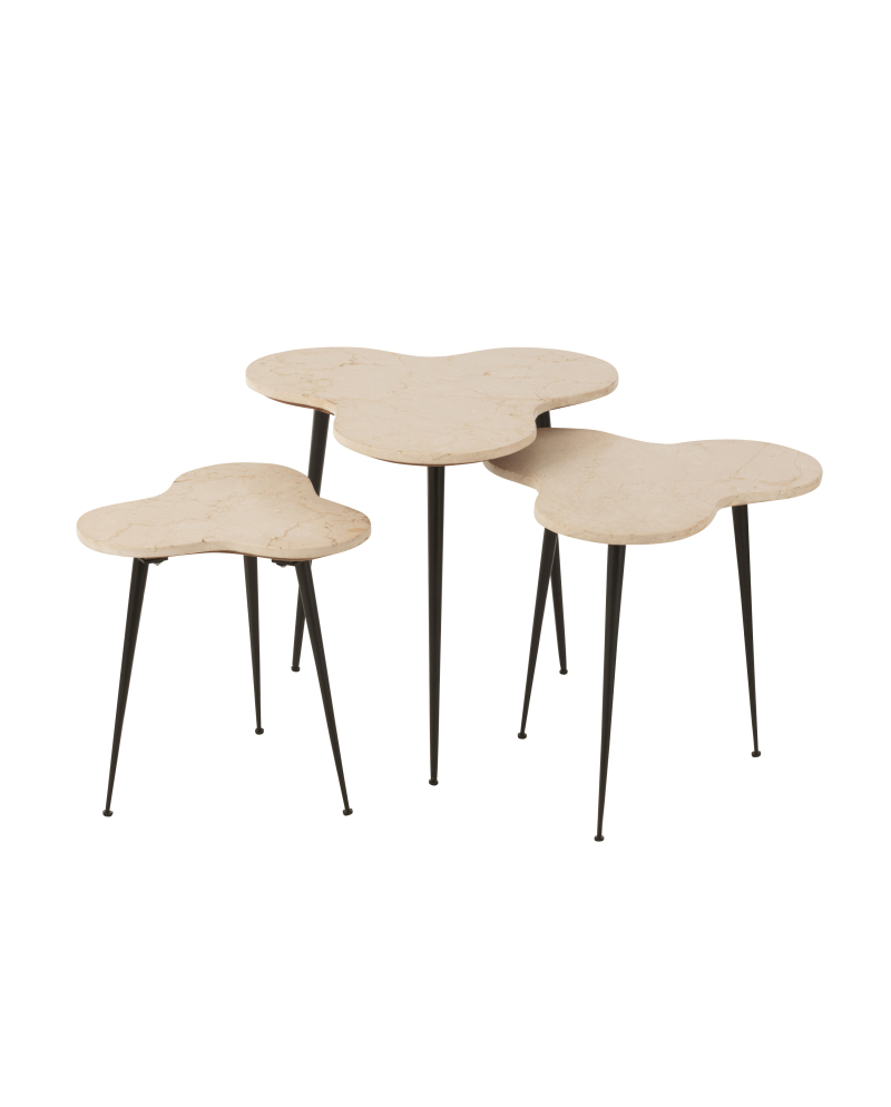 Set De 3 Tables Gigognes Abeille Marbre Metal - Blanc et Noir