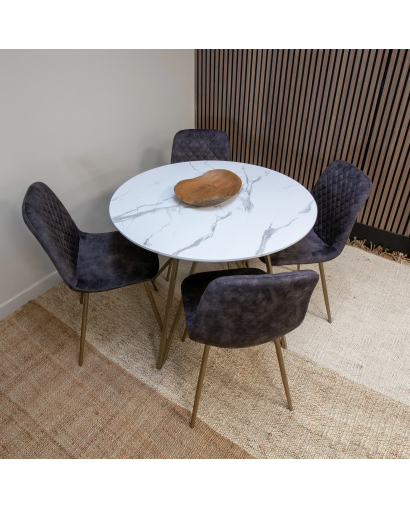 Table à Manger Hoxton avec plateau effet marbre et pieds métal - Blanc et Or