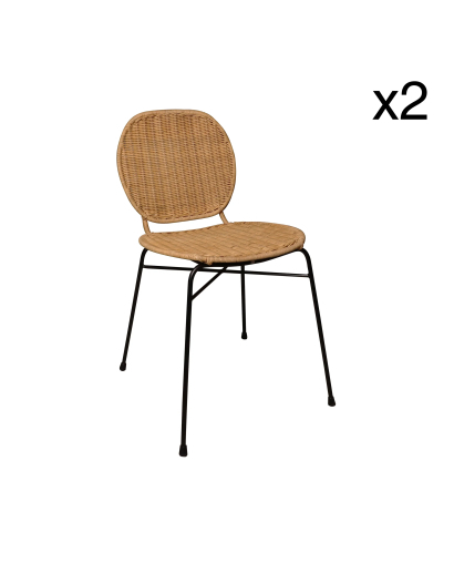 Lot de 2 Chaises Nina en Rotin et Pieds Métal Noir - Naturel