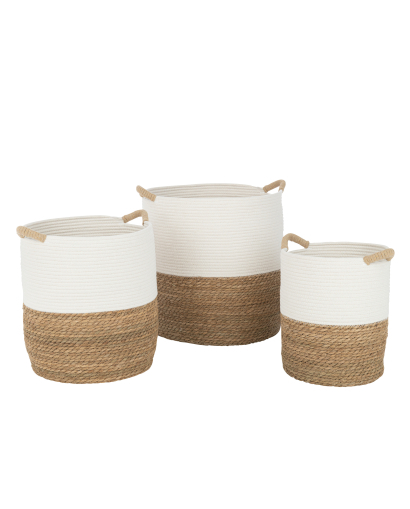 Set 3 Paniers Ronds Anses Textile - Naturel et Blanc