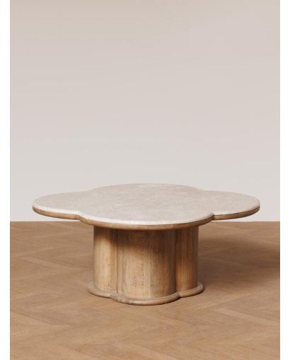 Table Basse Quadrilobe en Marbre et Bois de Manguier - Naturel