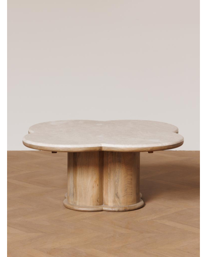 Table Basse Quadrilobe en Marbre et Bois de Manguier - Naturel