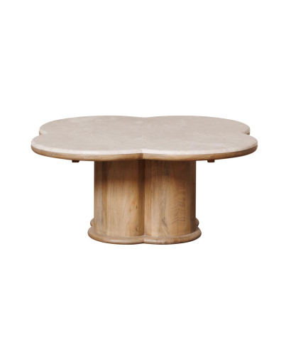 Table Basse Quadrilobe en Marbre et Bois de Manguier - Naturel