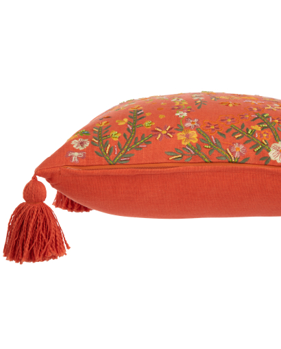 Coussin Carre Fleurs Floches en Coton - Orange