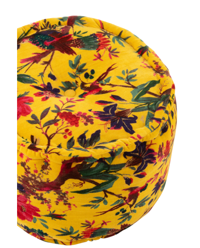 Pouf Rond Oiseaux et Fleurs en Velours De Coton - Jaune