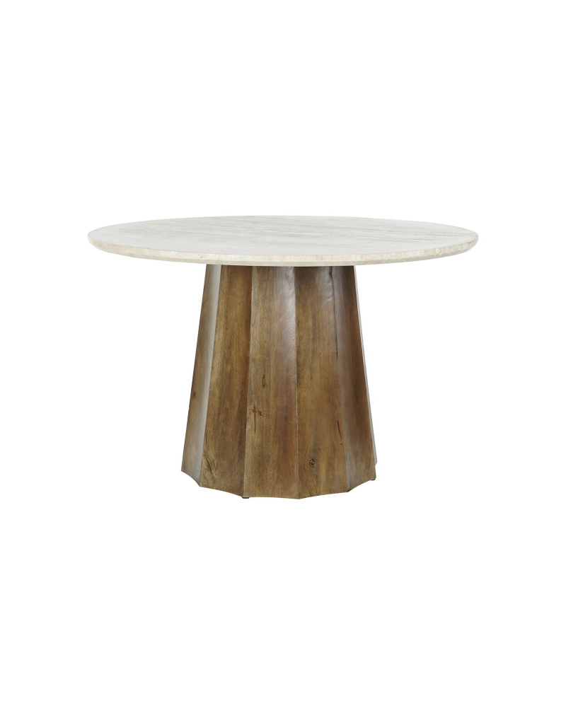 Table à manger ronde en bois de manguier et marbre – Beige et Marron Table à manger ronde en bois de manguier et marbre – Beige et Marron