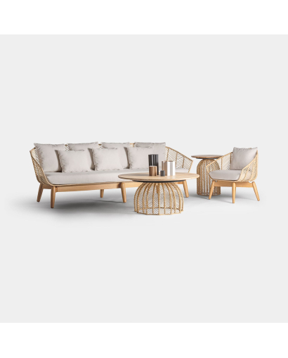 Canapé Sofa Plissé en Rotin - Naturel et Beige