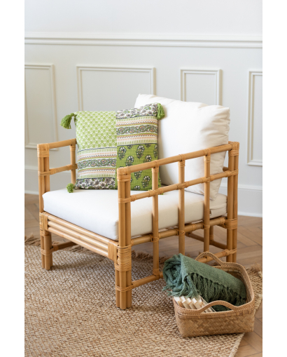 Fauteuil Elise en Rotin avec Coussin - Naturel et Blanc