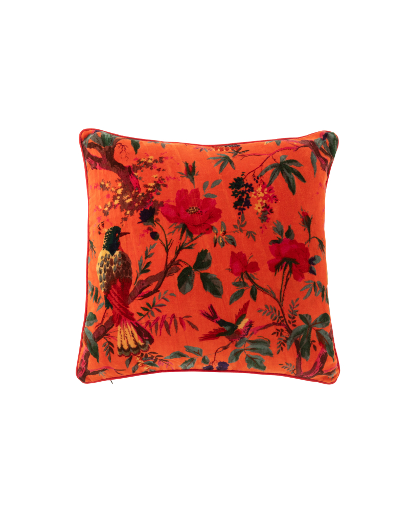 Coussin Oiseaux et Fleurs en Velours De Coton - Orange Coussin Oiseaux et Fleurs en Velours De Coton - Orange
