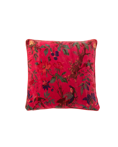 Coussin Oiseaux et Fleurs en Velours De Coton - Rose