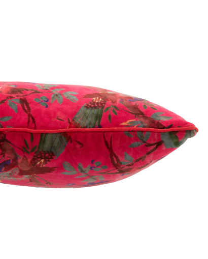 Coussin Oiseaux et Fleurs en Velours De Coton - Rose