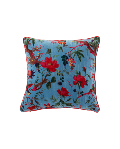 Coussin Oiseaux et Fleurs en Velours De Coton - Bleu