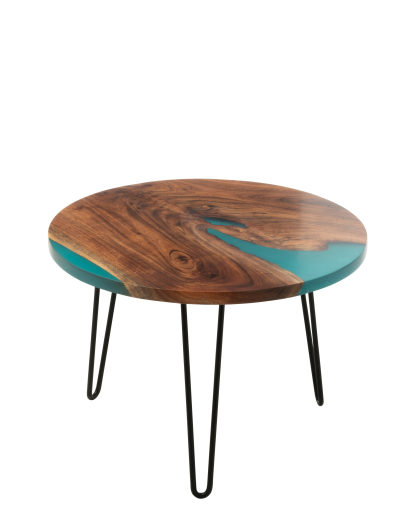 Table d’appoint ronde en bois d’acacia et résine – Naturel et bleu