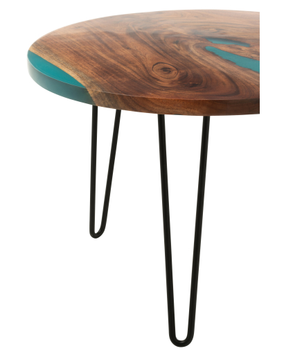 Table d’appoint ronde en bois d’acacia et résine – Naturel et bleu