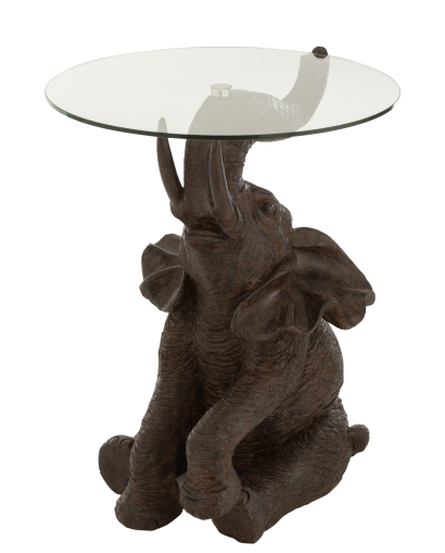 Table d’appoint Éléphant en polyrésine et verre – Marron foncé
