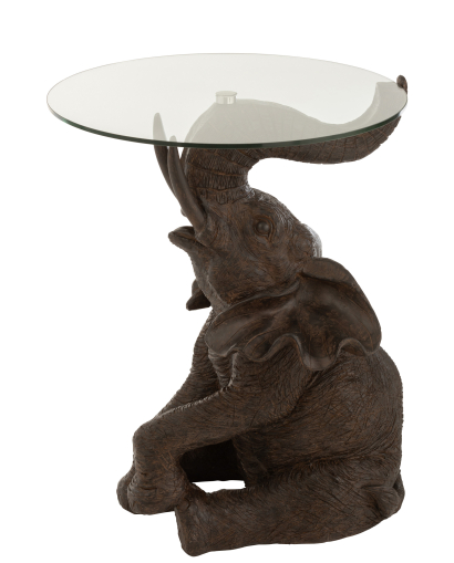 Table d’appoint Éléphant en polyrésine et verre – Marron foncé