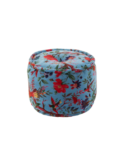 Pouf Rond Oiseaux et Fleurs en Velours De Coton - Bleu