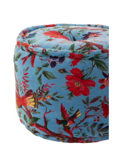 Pouf Rond Oiseaux et Fleurs en Velours De Coton - Bleu