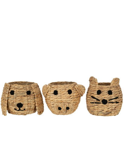 Assortiment de 3 paniers Chat, Chien et Cochon en jacinthe d’eau – Naturel