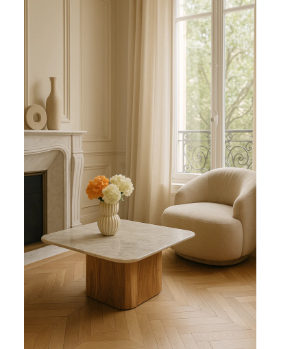 Table Basse Bergen en Bois d'acacia et Plateau en Marbre - Naturel