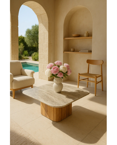 Table Basse Bergen en Bois d'acacia et Plateau en Marbre - Naturel