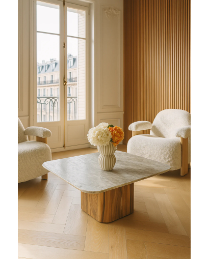 Table Basse Bergen en Bois d'acacia et Plateau en Marbre - Naturel