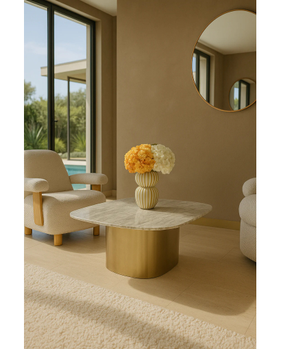 Table Basse Fedje en métal avec Plateau en Marbre - Or et Beige