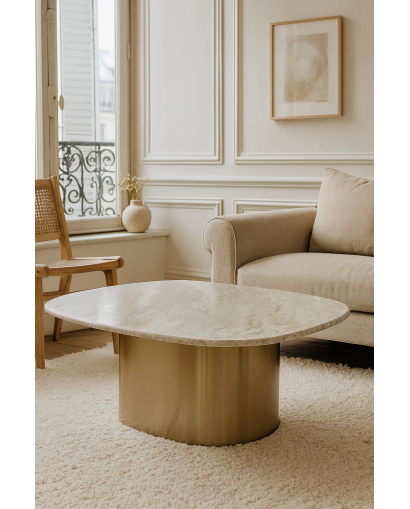 Table Basse Fedje en métal avec Plateau en Marbre - Or et Beige