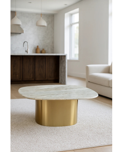 Table Basse Fedje en métal avec Plateau en Marbre - Or et Beige