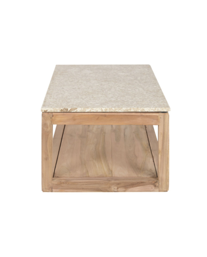 Table Basse African en Bois Recyclé et Marbre - Beige