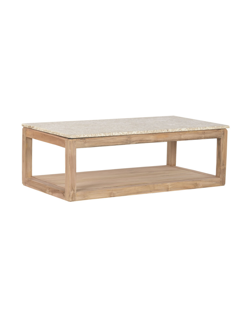 Table Basse African en Bois Recyclé et Marbre - Beige