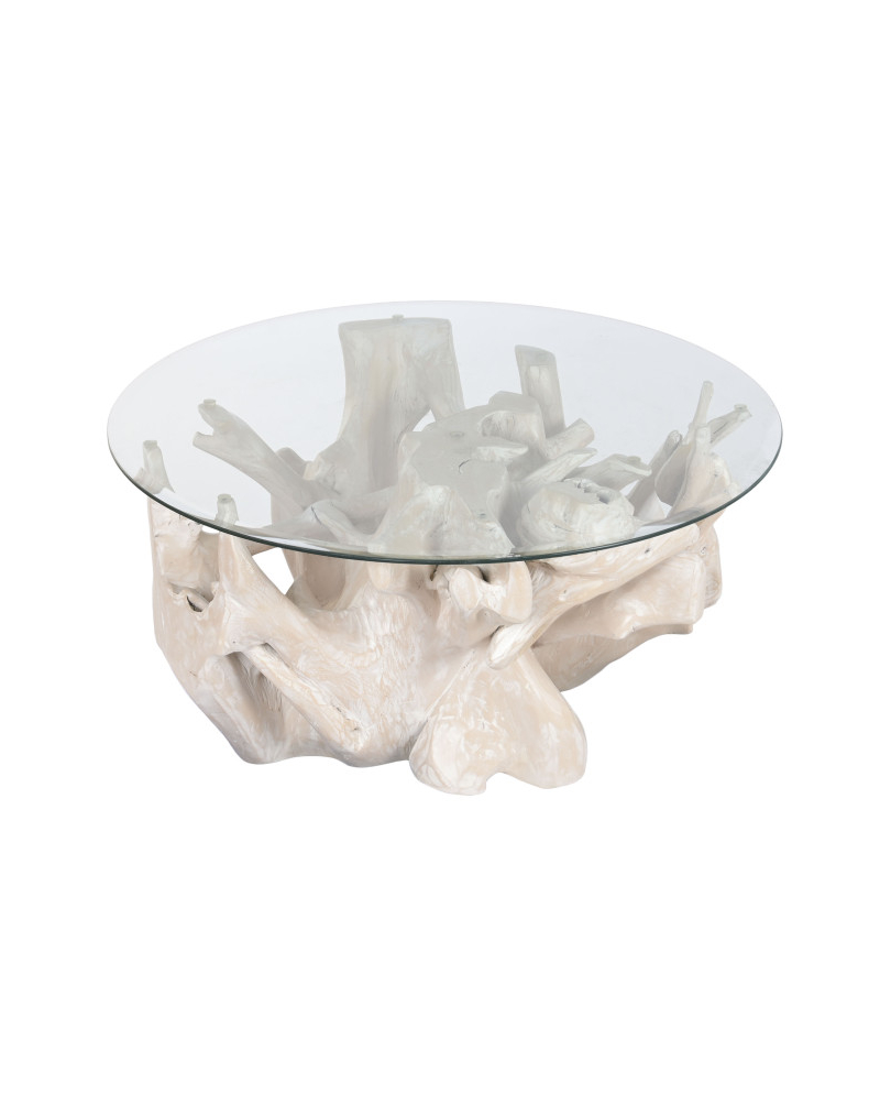 Table Basse Café Raiz Cristal en Bois de Teck Décapé - Blanc